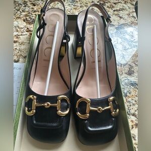 Gucci Black Leather Heels with Gold Accents size 38